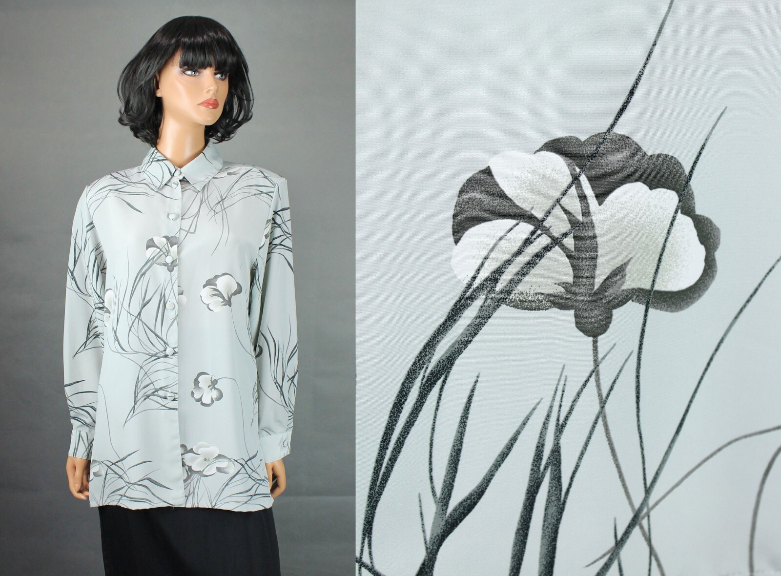 Vintage Secretary Blouse Sz M 90s Liz Baker Gray Floral Long Sleeve Dress Shirt
