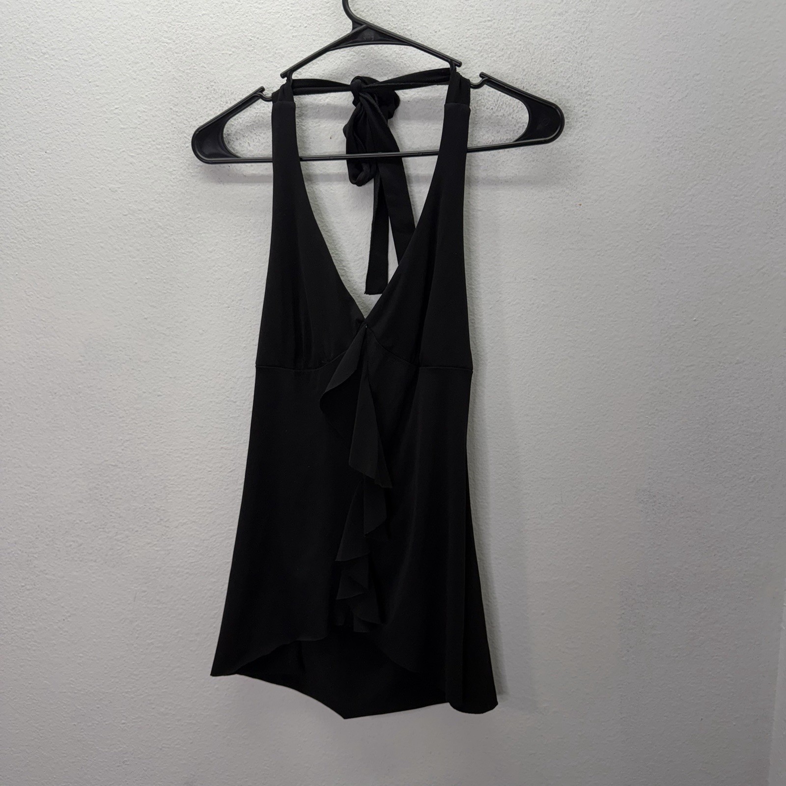 Y2K Vintage RAVE Black Halter Top SZ M Stretch Club Rave Fairy Ruffle Whimsigoth
