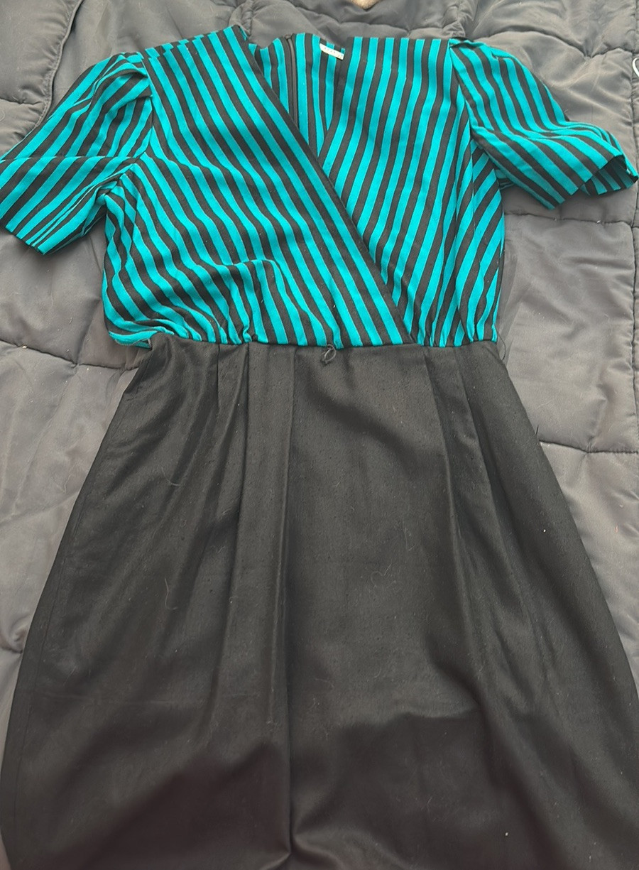 Vintage Kasper for A.S.L. 100%Silk Striped Teal & Black Dress with Matching Coat