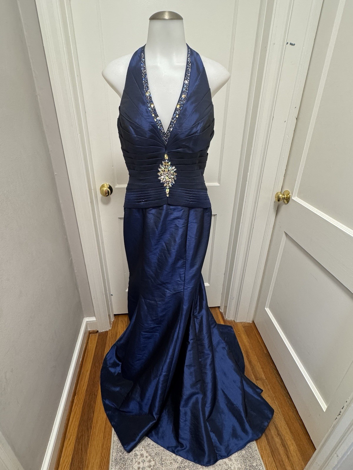 VTG B’Dazzle Alyce Designs Cobalt Blue Beaded Halter Mermaid Gown Dress Sz 8