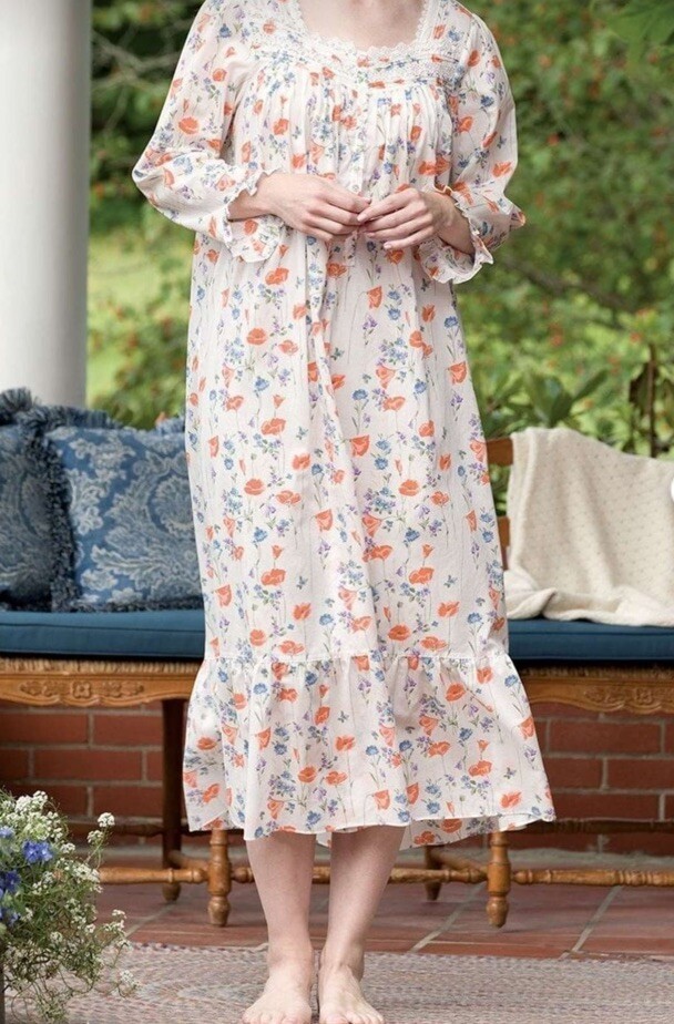Eileen West Floral Poppy Cotton Lawn Nightgown XL Vintage Traditional Nightgown
