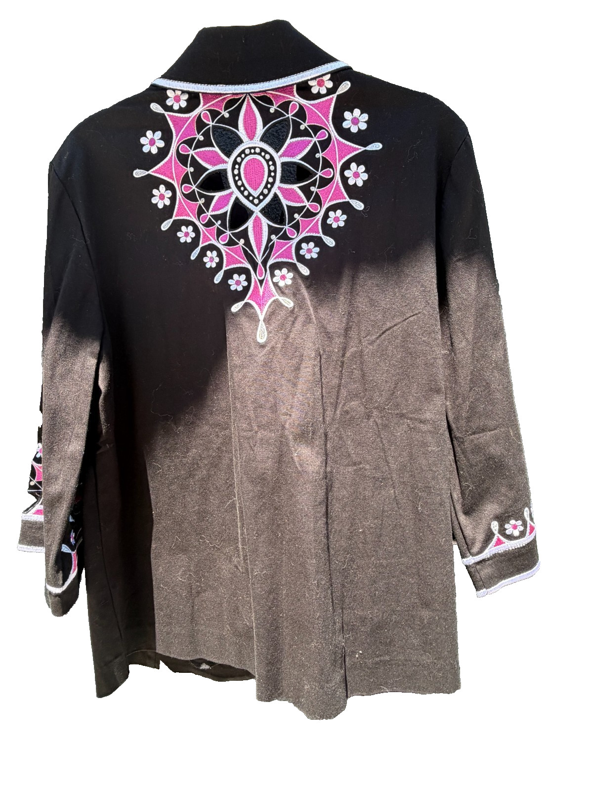 Bob Mackie Wearable Art Black floral Embroidered Cut Out Jacket