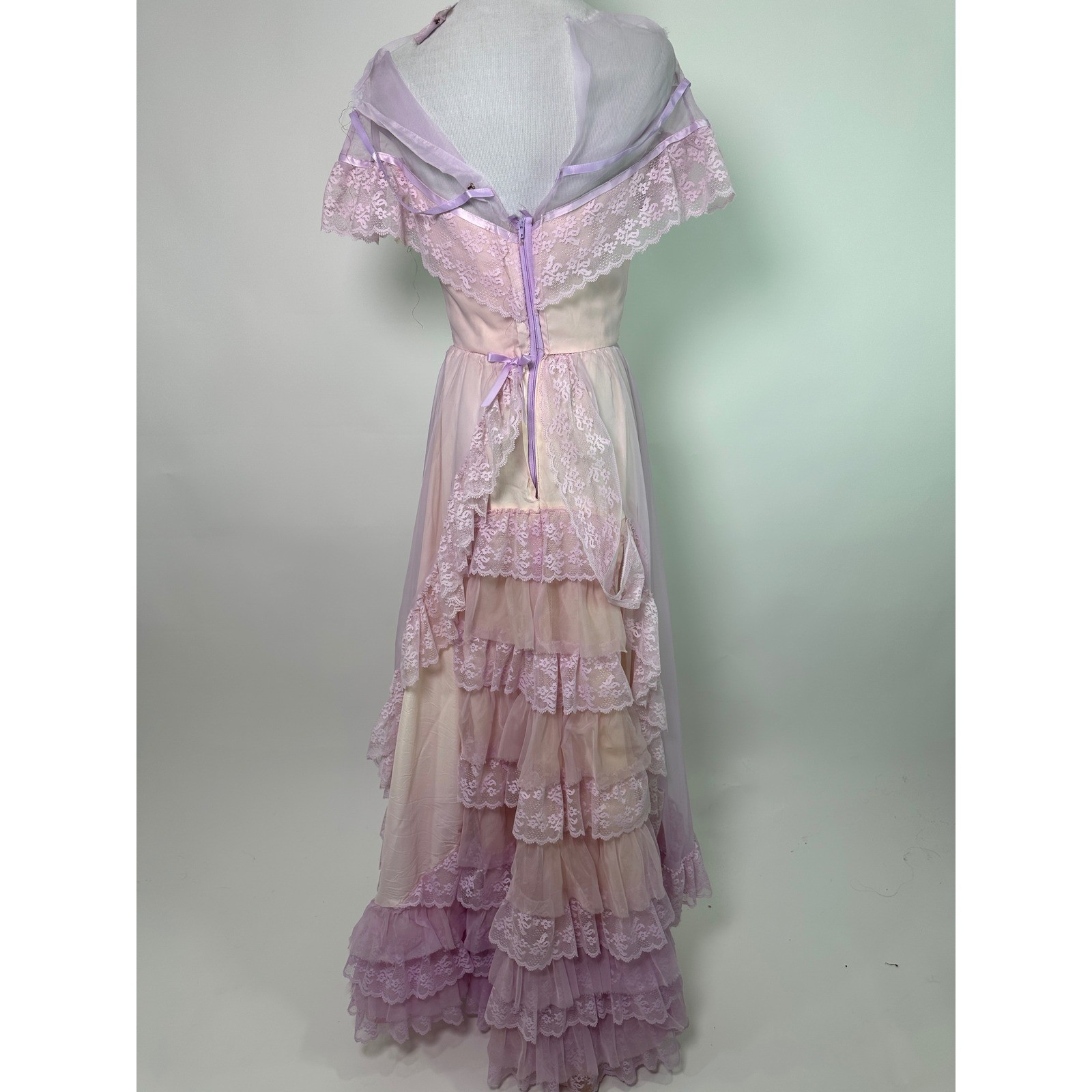 Vintage 70s Lilac Prairie Cottagecore Cupcake Dress Tulle Lace Boho Maxi Gown