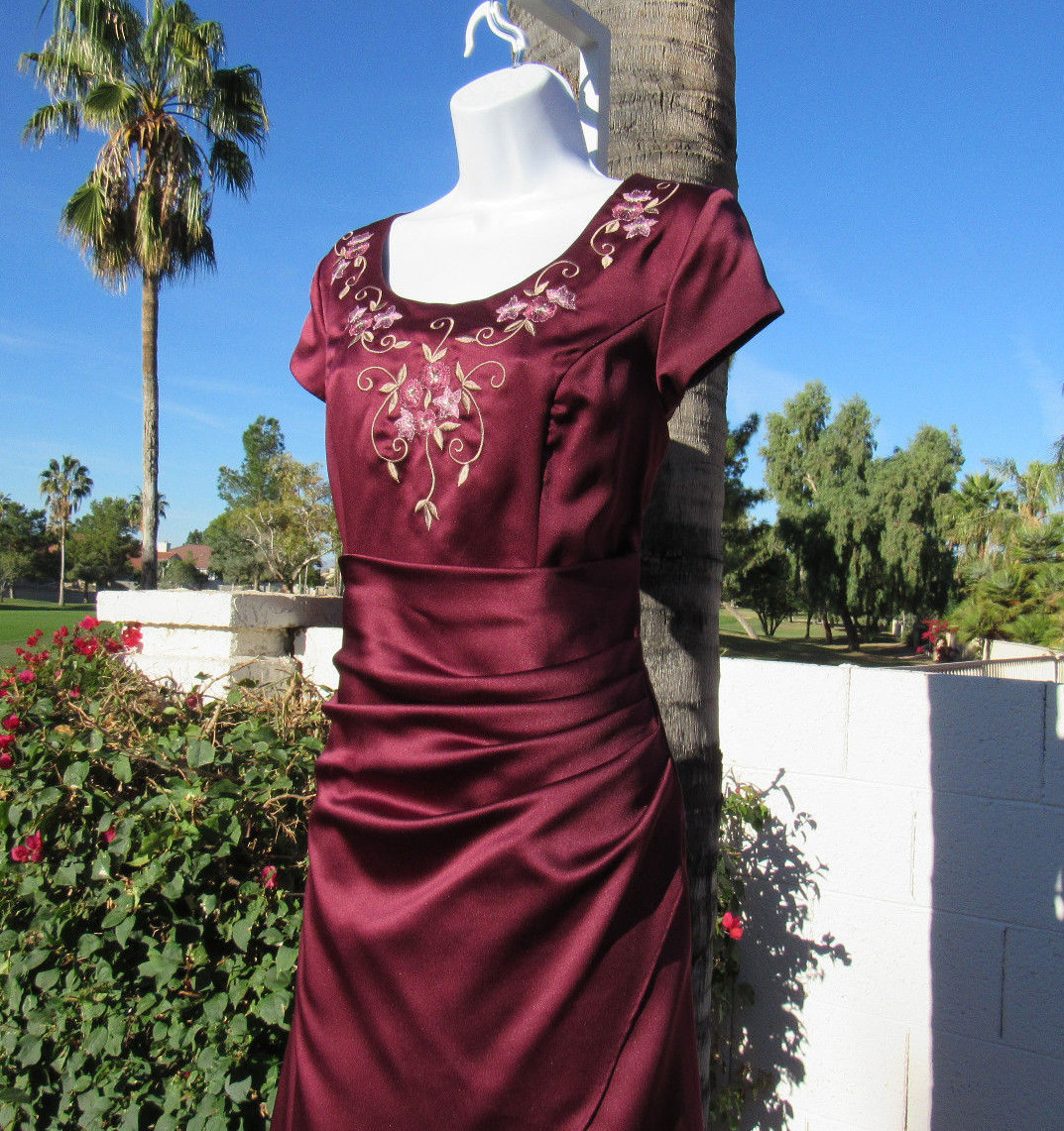 VTG 1970s 80s SAKS FIFTH AVENUE EVENING FORMAL DRESS BURGUNDY WINE EMBROIDERY