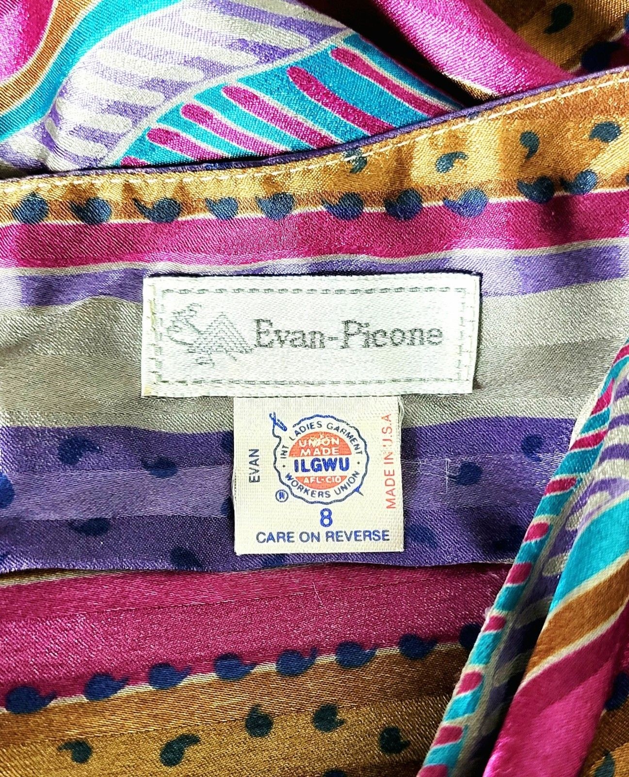 VTG 70s Evan Picone Silky Satin Mixed Media Puff Balloon Sleeve Blouse Skirt Set