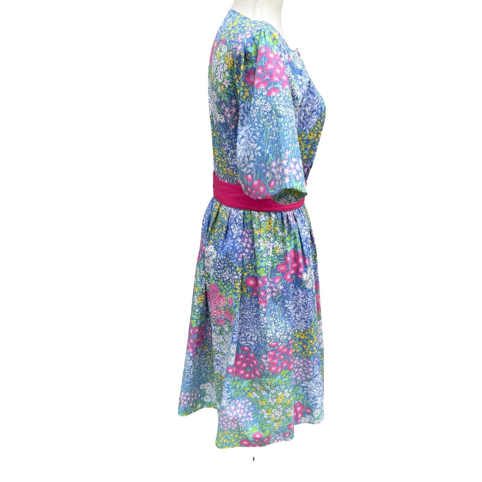 Petites by Willi Vintage Floral Puff Sleeve Midi Dress Blue Pink Size 4 USA Made