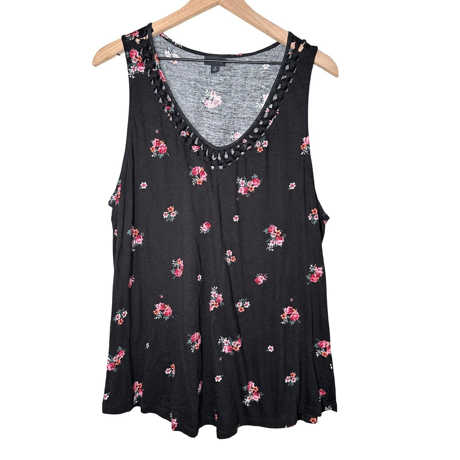 Torrid Size 2 Black Floral Lattice Neck Tank Top Cotton Modal Plus Size