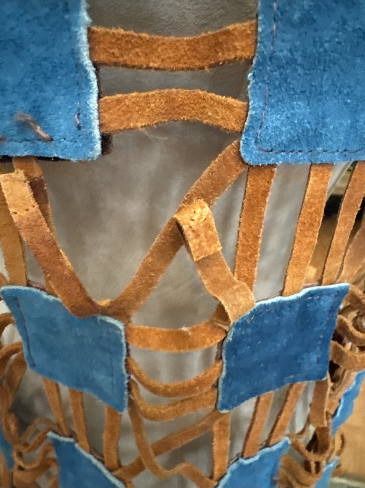 Vintage 70’s Hippie Suede Leather Cut Squares Blue & Brown Vest Made In Mexico