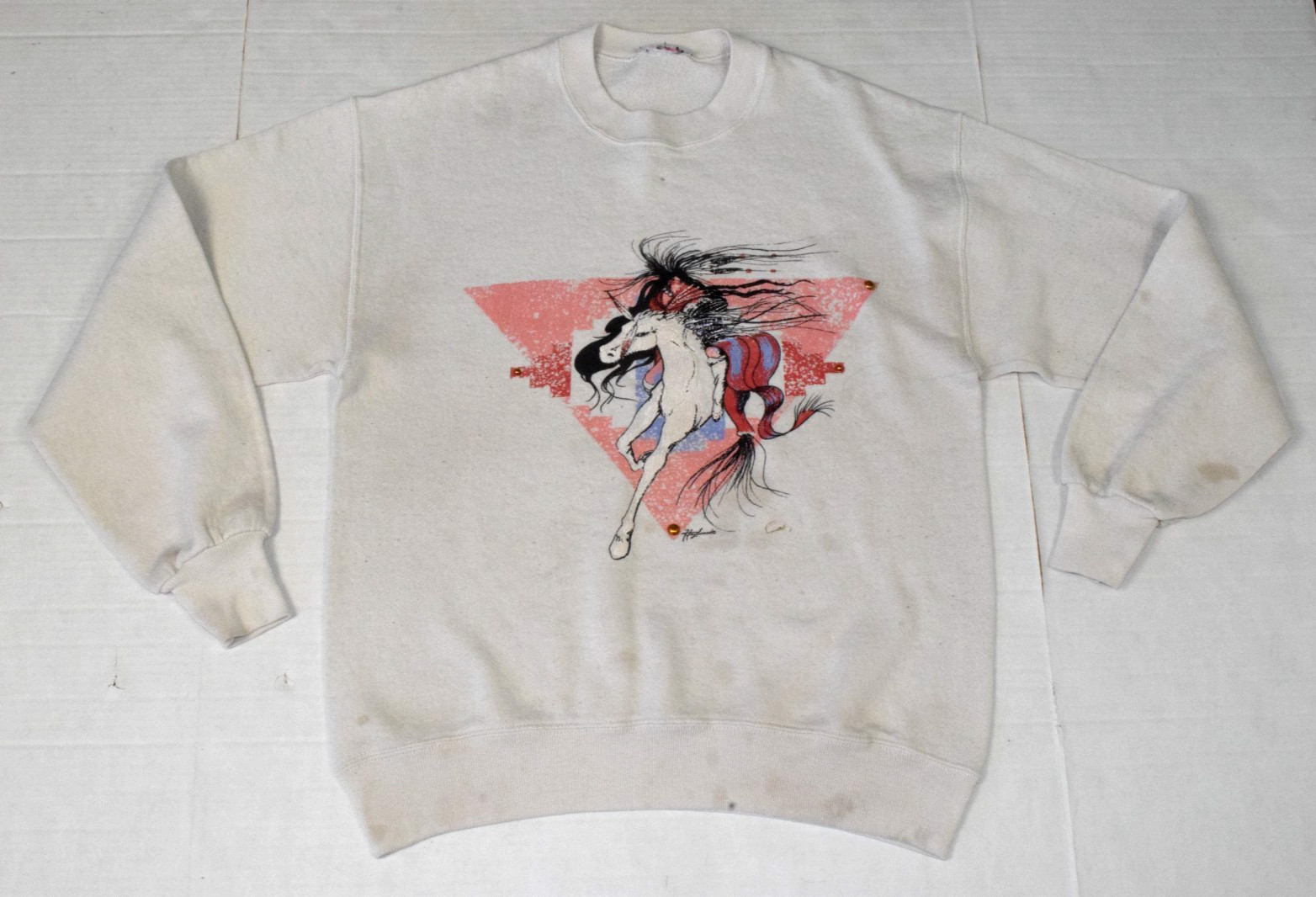 Vintage Sweatshirt Horse Art Size M 90s Dirty White Western Hazelwood Grunge