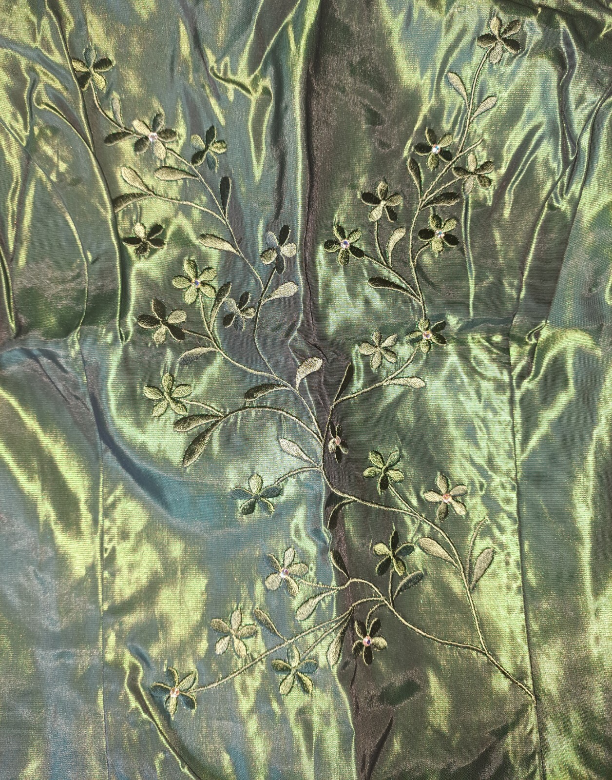 Vtg Jessica McClintock Crop Top 8 Green Satin 90s Y2K Rhinestones Embroidery