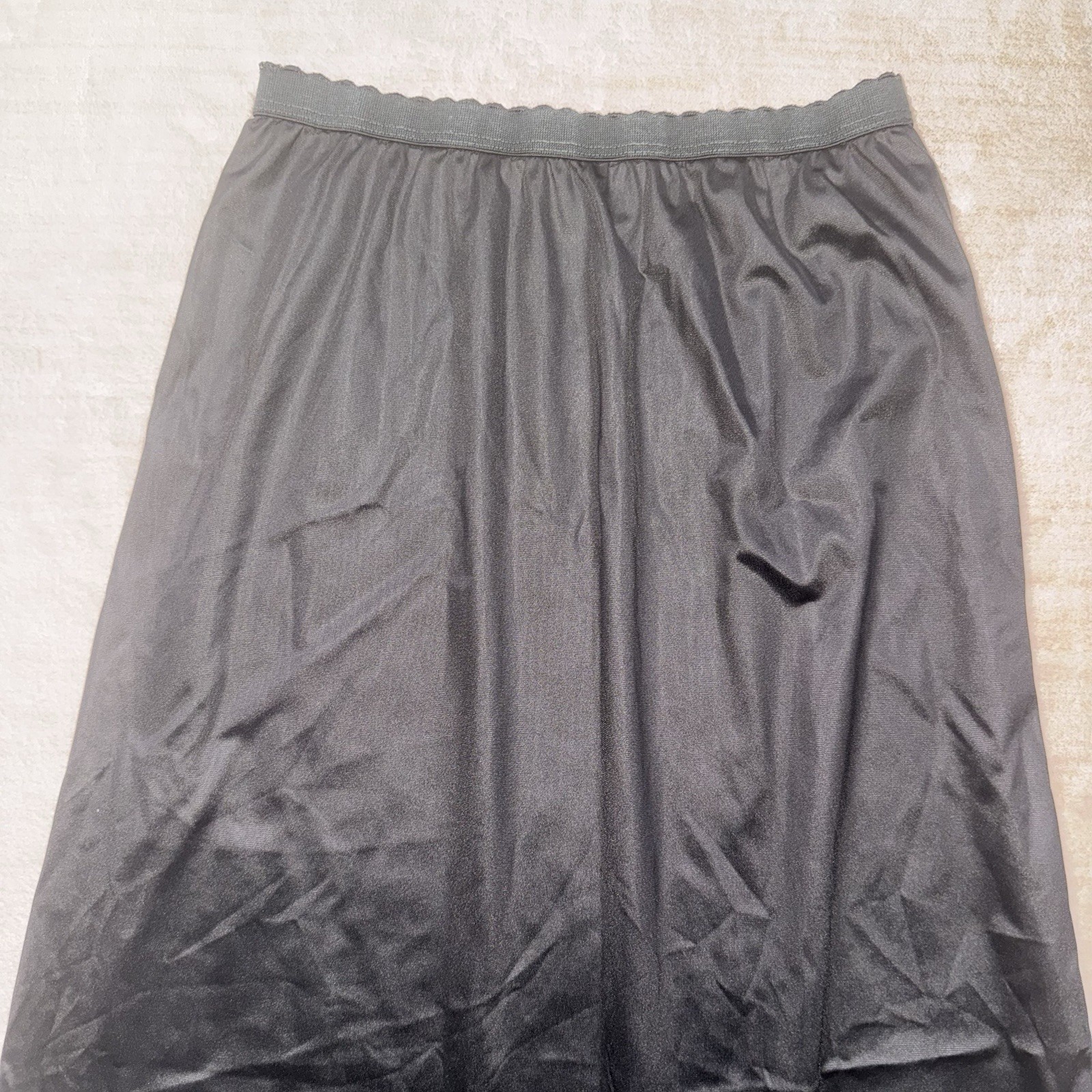 Vintage Velrose Black Maxi Slip Medium 36” Nylon Lace Trim Elastic Waist USA