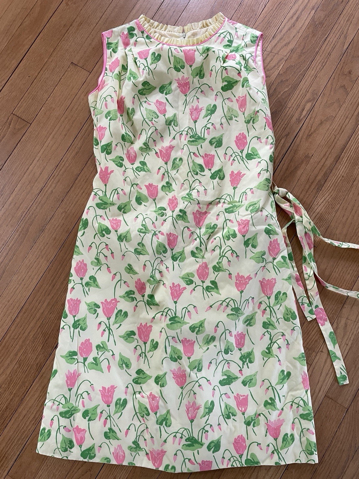 The Vested Gentress Vtg 60’s Yellow Pink Green Flower Screen Print Dress Sz 14