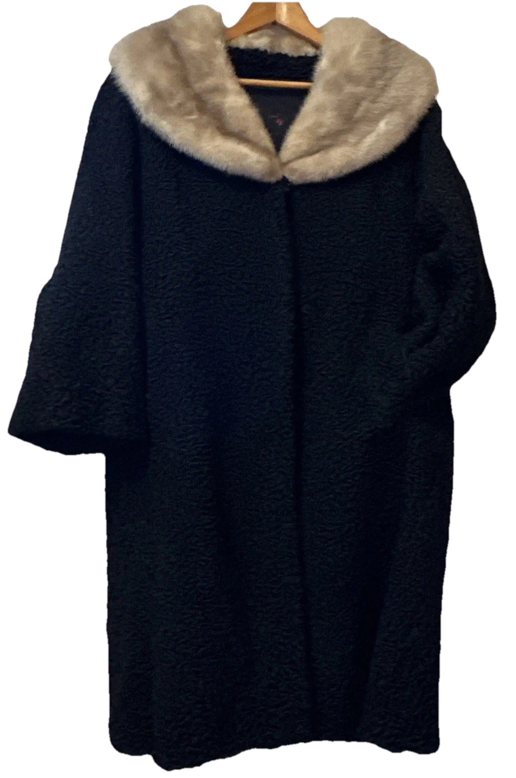 BABY LAMB PERSIAN CURLY WOOL BLACK COAT w MINK TRIM COLLAR Vintage