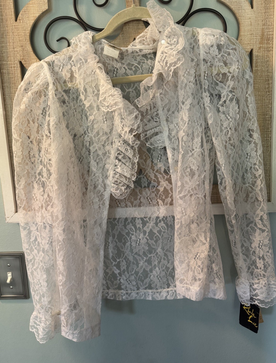 New Old Stock Vintage Rhoda Lee Sheer Lace Blouse Ruffled Collar Size 10 NWT 80s