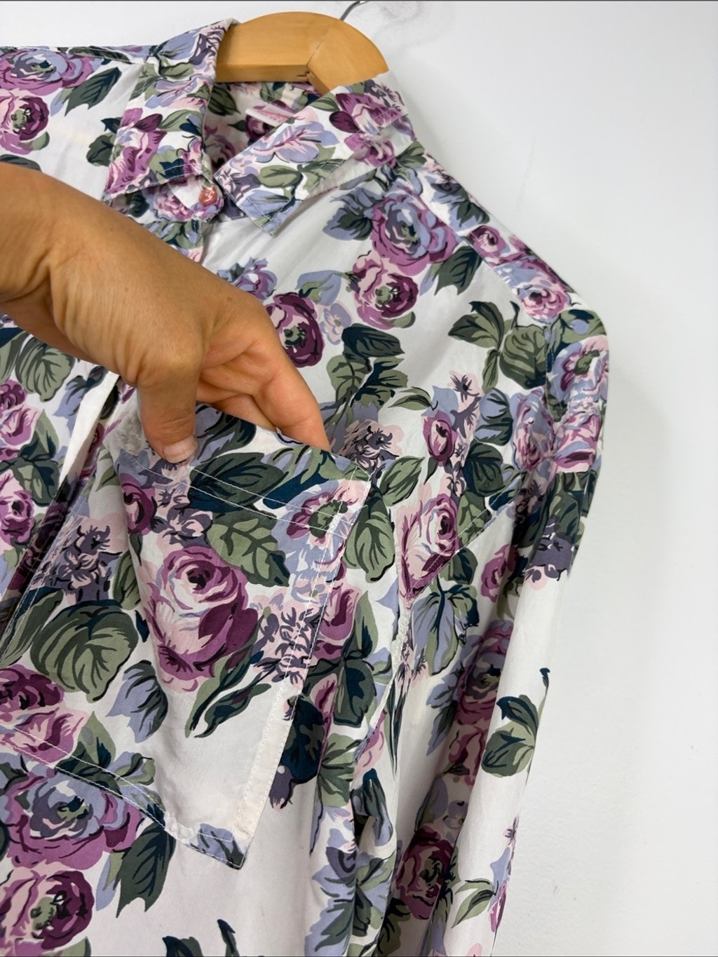 Vintage Silk Blouse Womens Large Gray Purple Green 90s Floral Long Sleeve Top