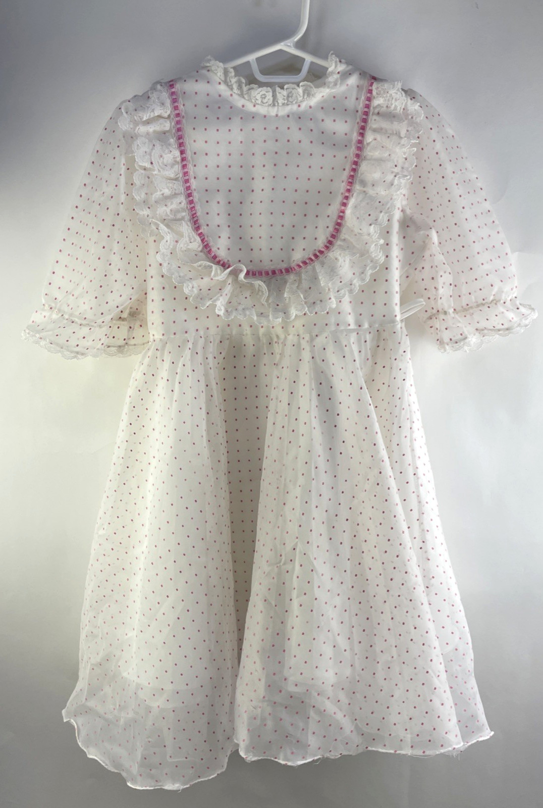 Vtg Lara Jan Dress Pink Polka Dot Sheer Lined Short Sleeve Party Girls 6/8