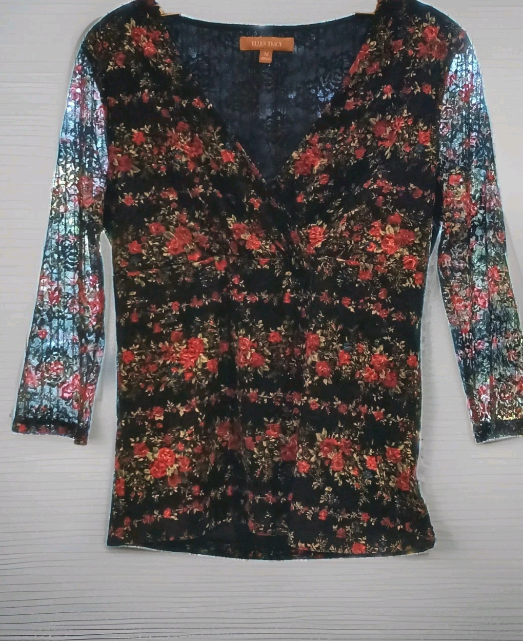Vtg Y2K Dark Romantic Floral Top Sz M Black/Red 3/4 Sheer Sleeves Gothic