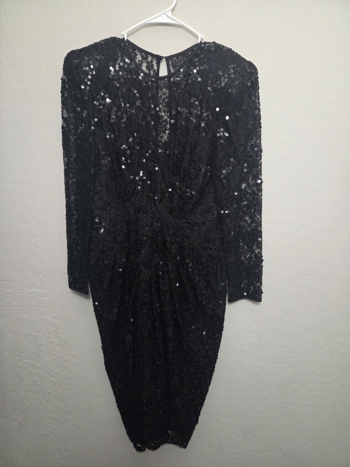 VTG 80s Marie St Claire Black Sequin Lace Cocktail Dress Padded Shoulder