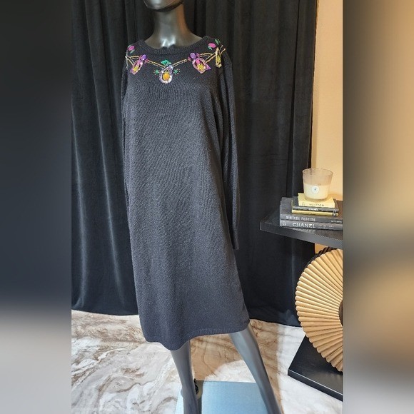 PLAIN JANE VINTAGE JEWELED SWEATER DRESS BLACK LARGE