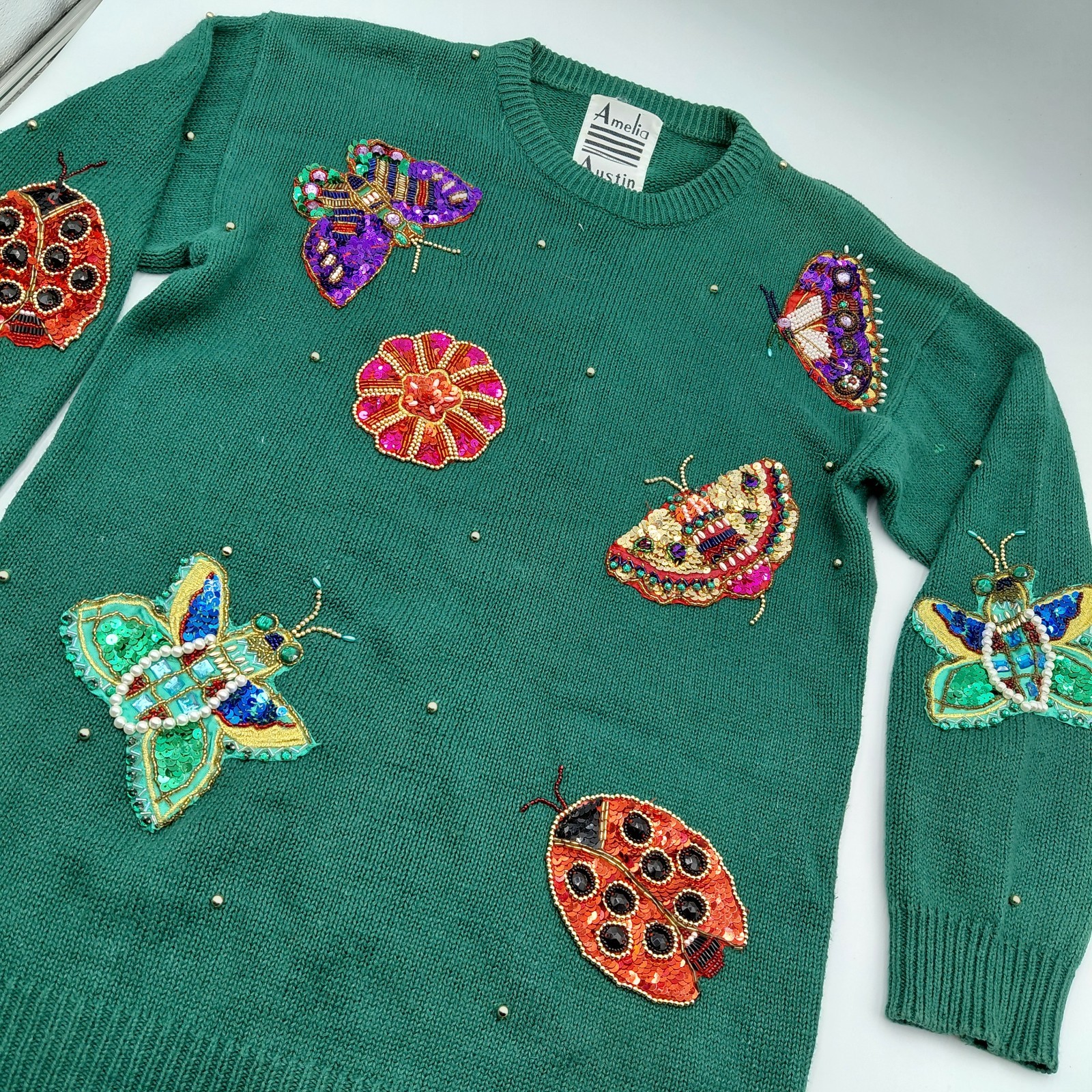 Vtg Amelia Austin 80s Womens M Sequin Sweater Green Ladybug Butterfly Eclectic