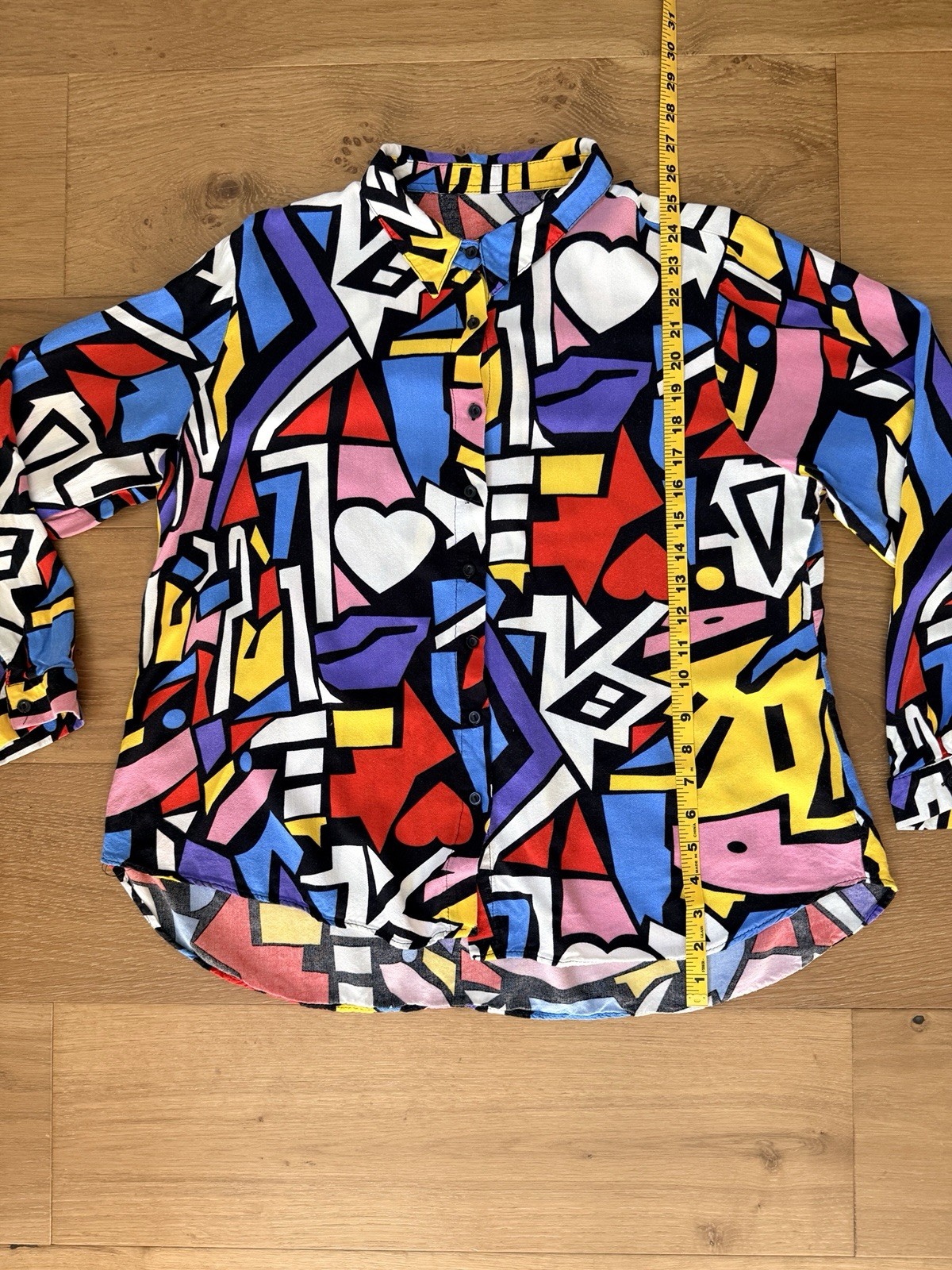 80s Pop Art VTG Button Down Shirt Wm L (*est*) Geometric Heart Print Long Sleeve