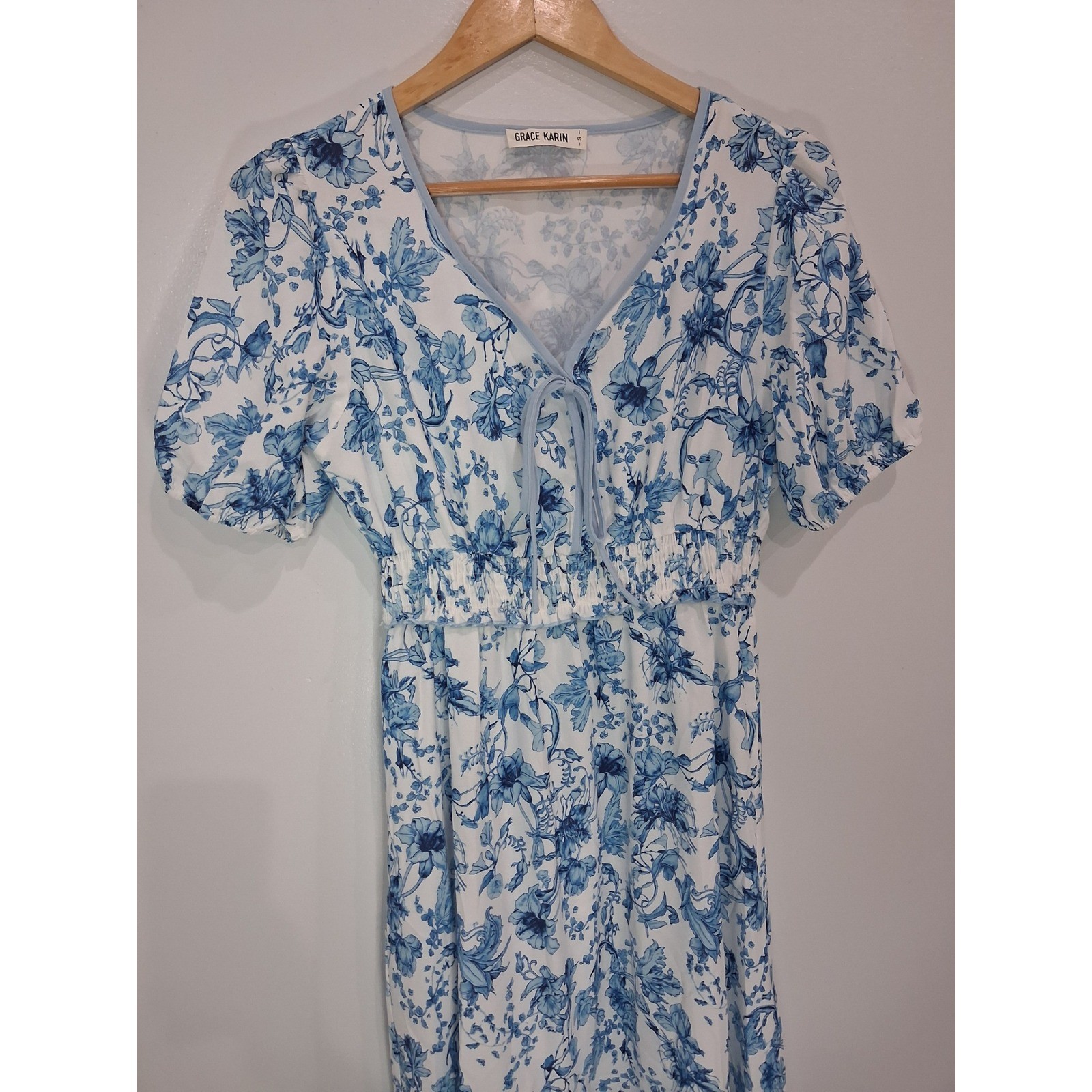Grace Karin Blue White Floral Toile Smocked Maxi Dress V-Neck Puff Sleeve Small