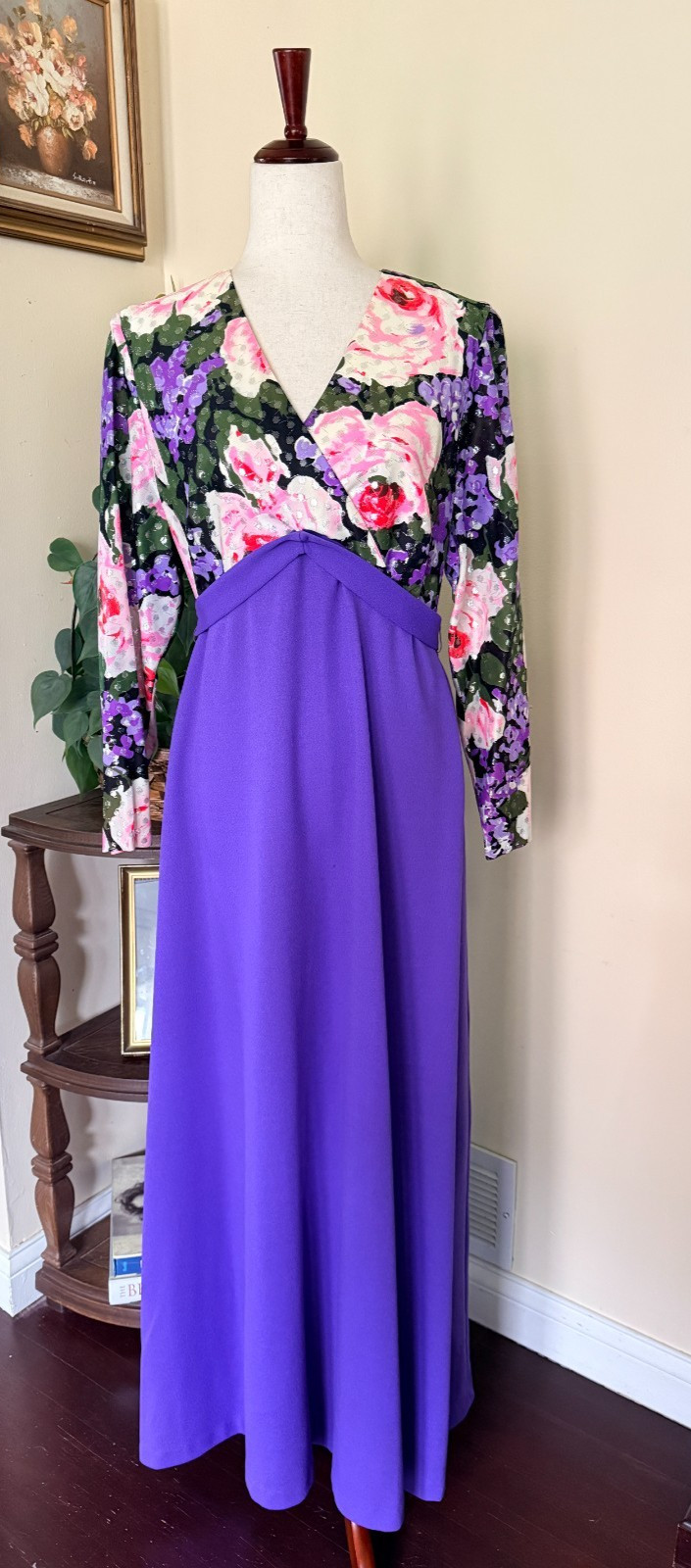 Vintage Purple Floral Hostess Gown Empire Waist Maxi Dress Silver Lurex Dots