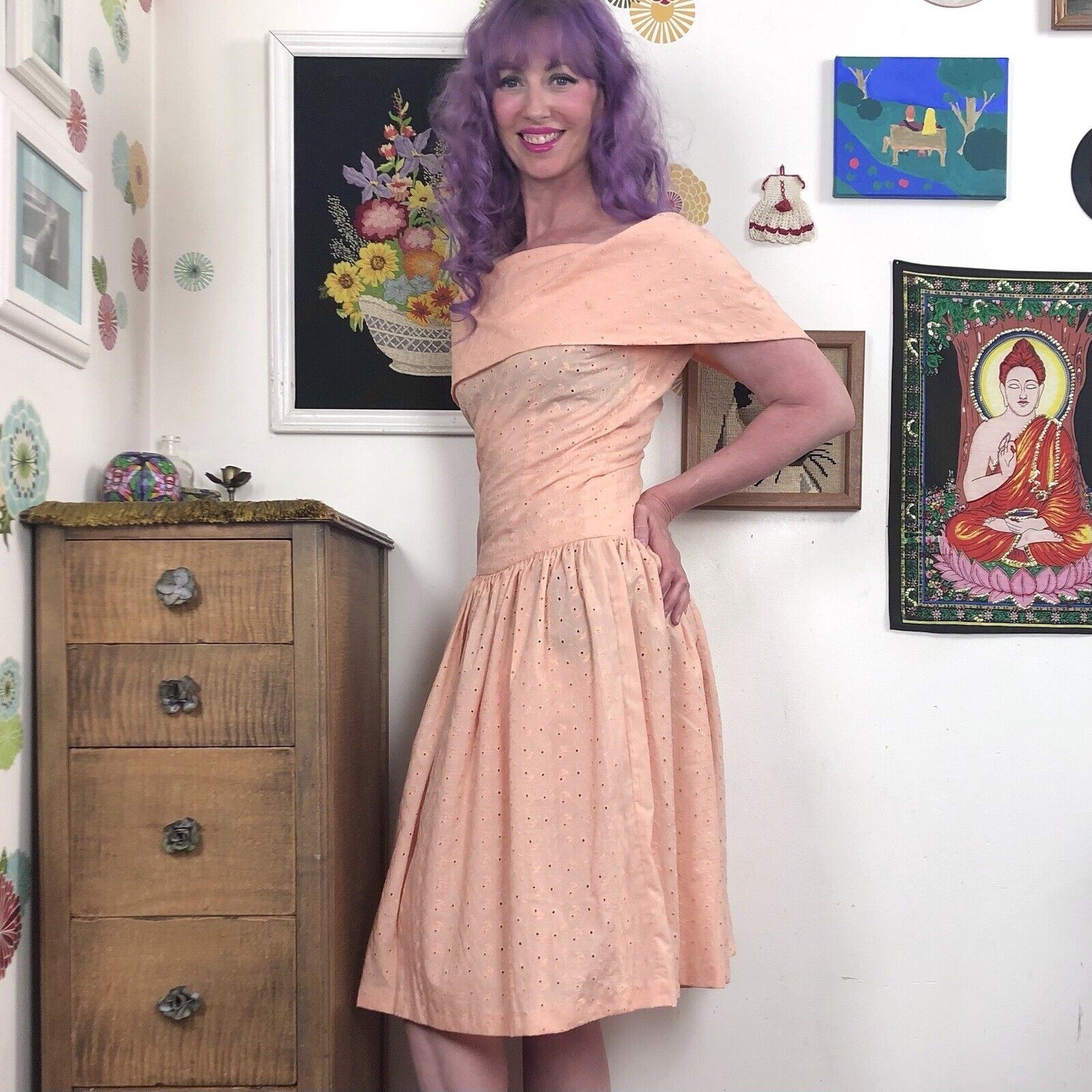 Vintage Eyelet Dress, 1980s Peach Cotton Cottagecore Dress, Off-Shoulder Size S