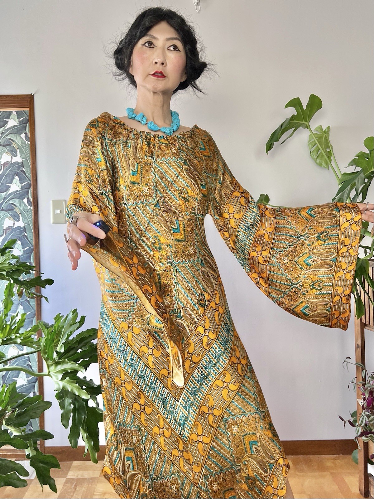 RARE 1960s 70s Psychedelic Chevron Caftan Dress Bias Cut Butterfly Sleeve Boho