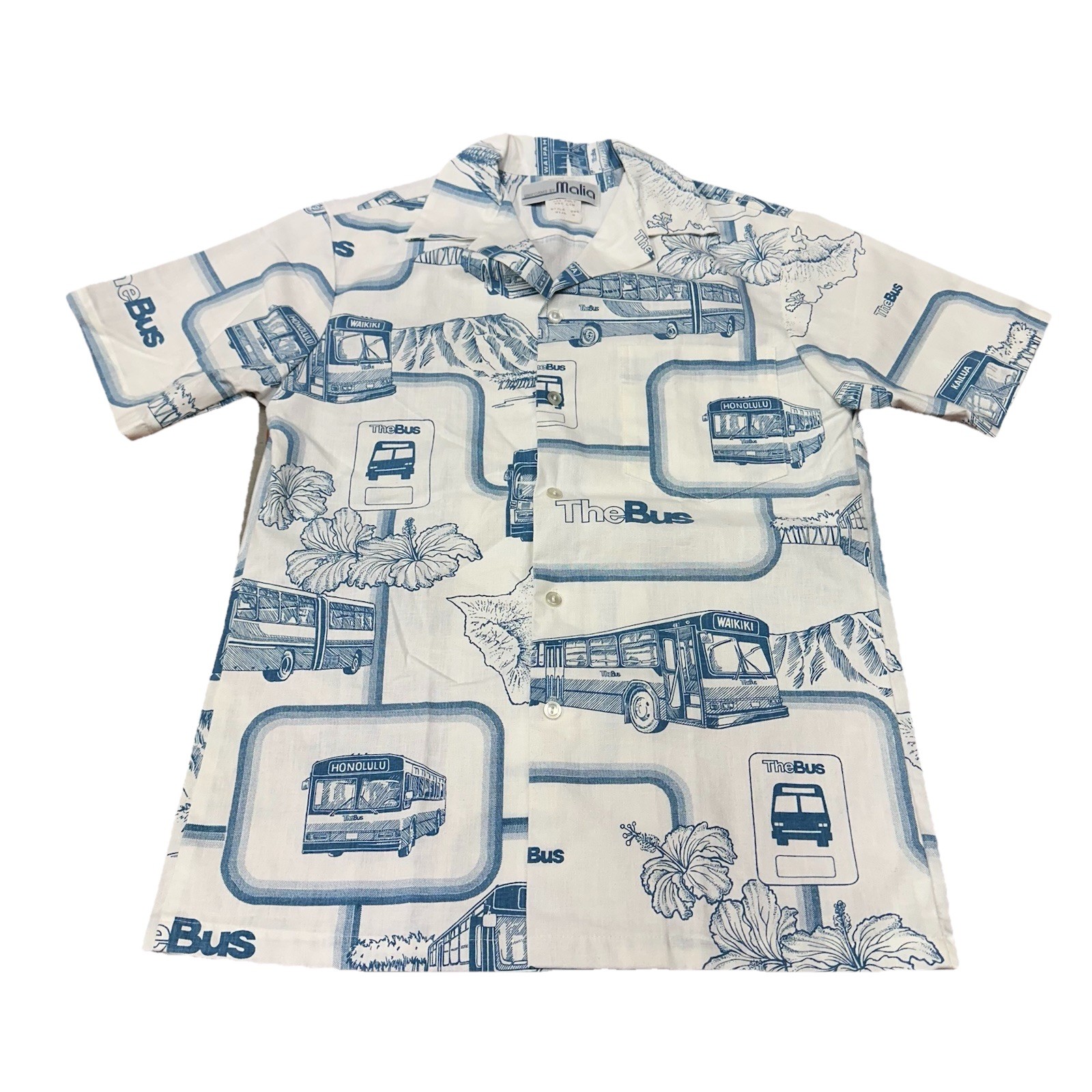 VTG 70s THE BUS HAWAII UNIFORMS AOP BUTTON UP WHITE BLUE SHIRT SZ 8 MALIA (31)
