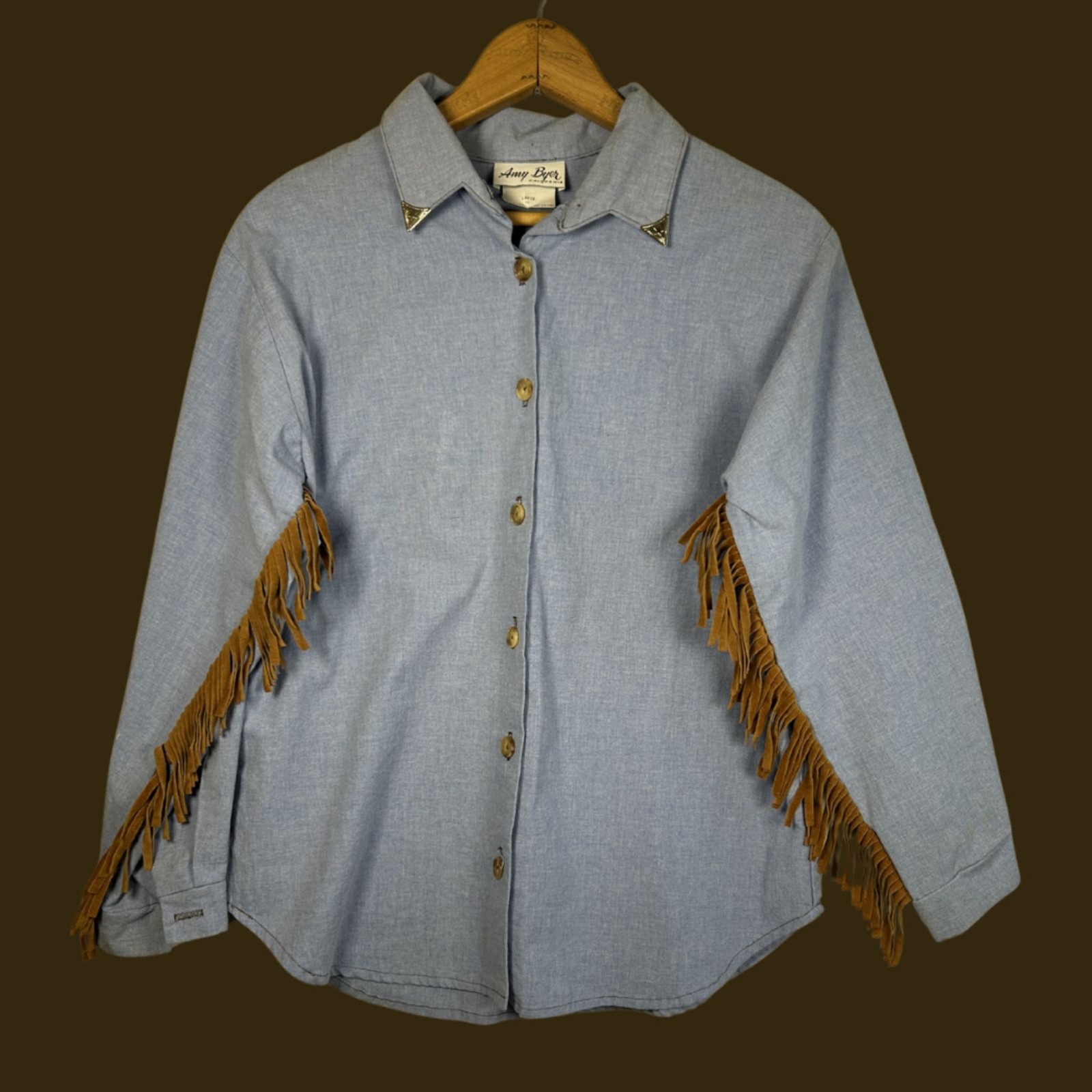 Vintage 80s Amy Byer Button Front Leather Fringe Frontier Prairie Blouse
