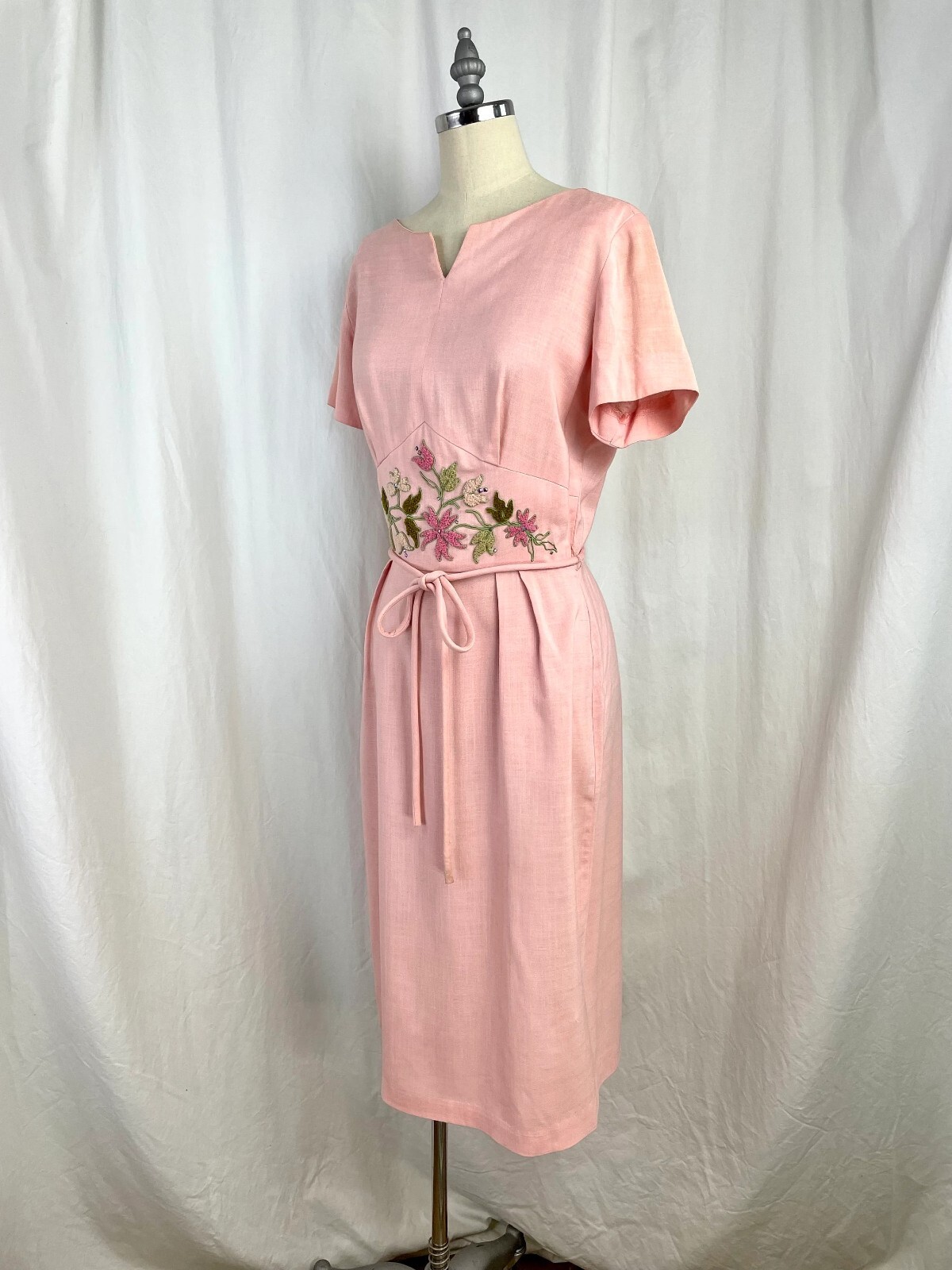 Vintage 60s Small Fashionmaker Original pink with soutache waist belted Dress
