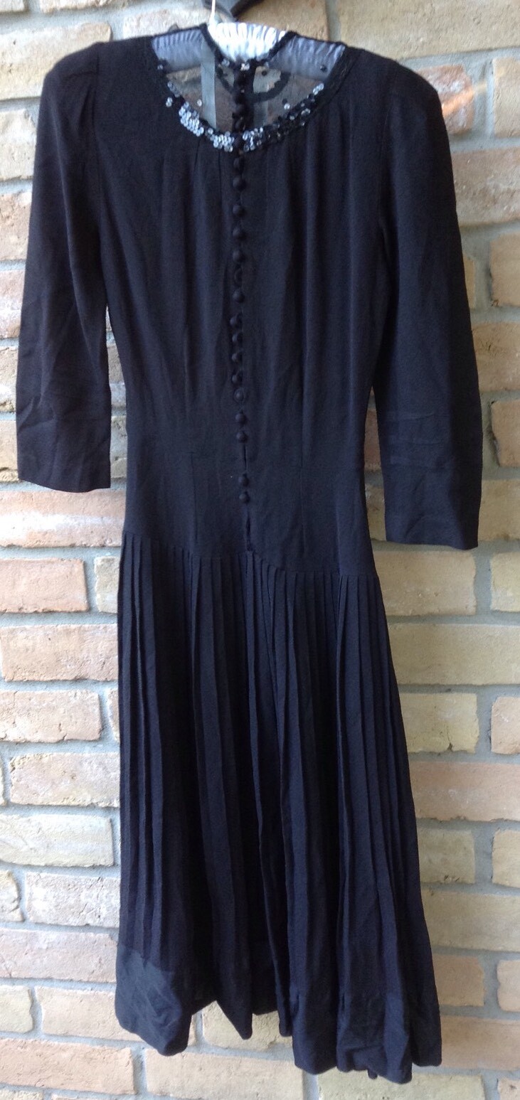 VTG 30s Black Crepe Dress Sz XXS 23″-24″W Theater Costume Play DAMAGED AS-IS