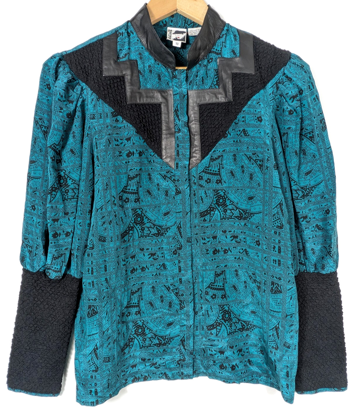 Vtg Bellino Paris 100% Silk Blouse Jacket 10 Teal Geometric Black Leather Trim