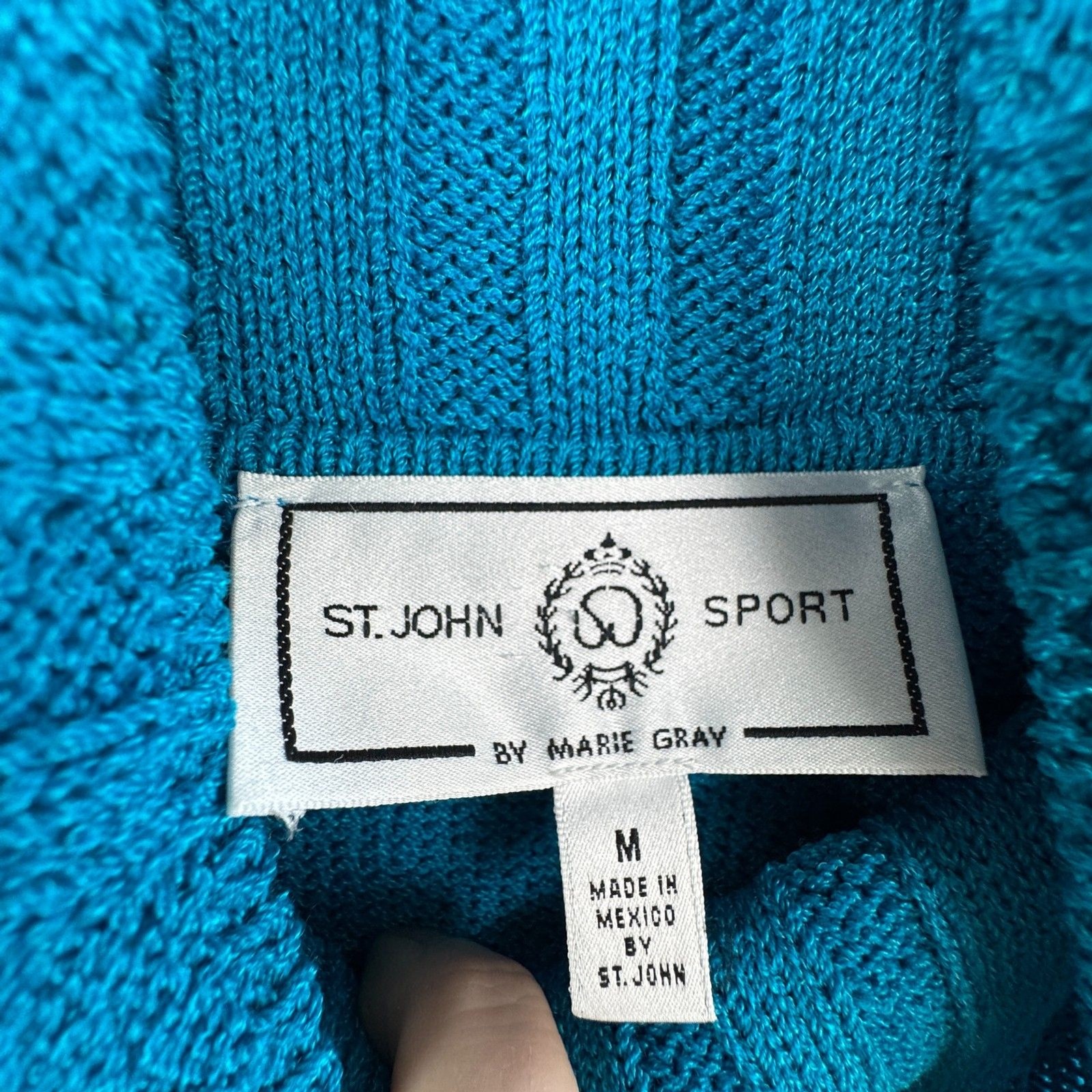 Vintage St. John Santana Knit Sweater Sz M Teal Cowl Neck Cropped Ribbed 2001