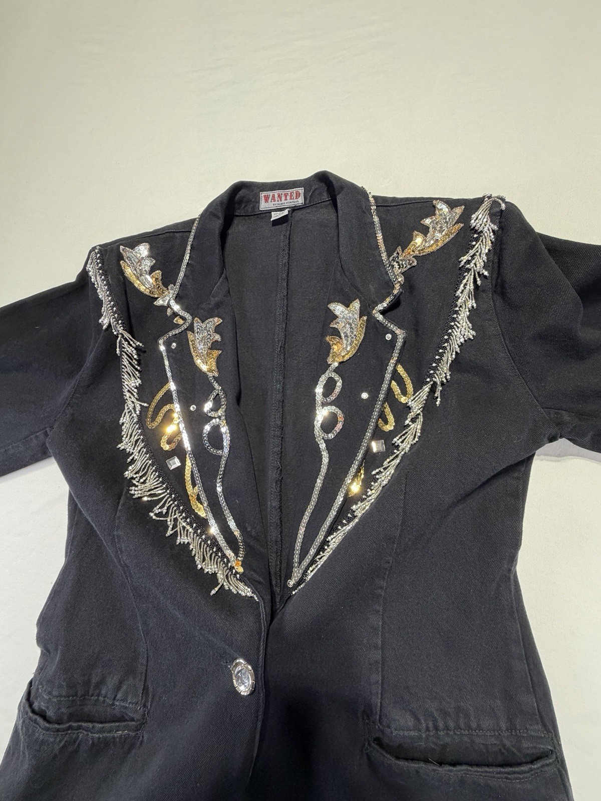 Wanted Beads Beautiful Western Blazer Jacket L Black Sequin Fringe USA