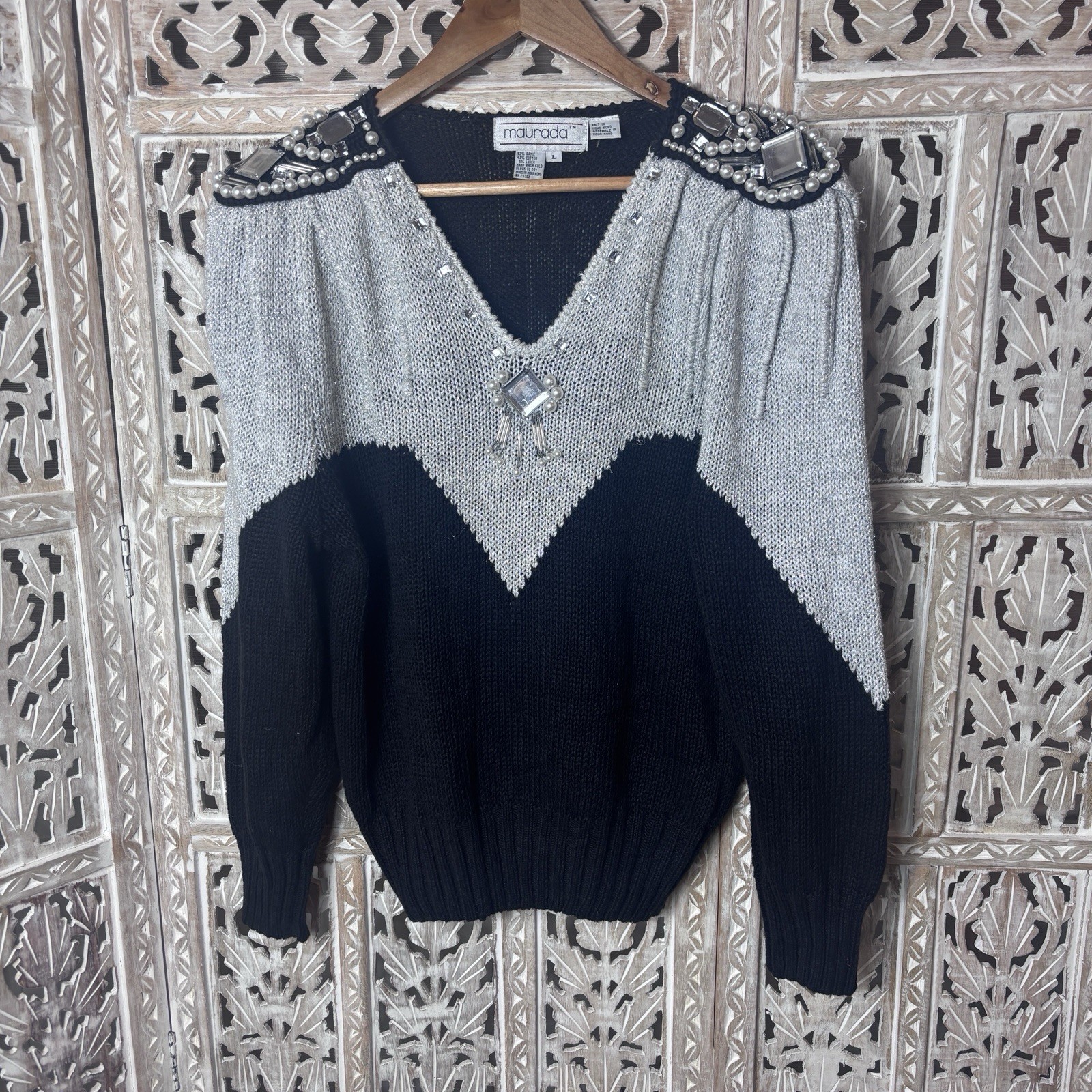 Vintage Maurada Pearl Rhinestone Metallic Embroidered V-Neckline Chevron Sweater