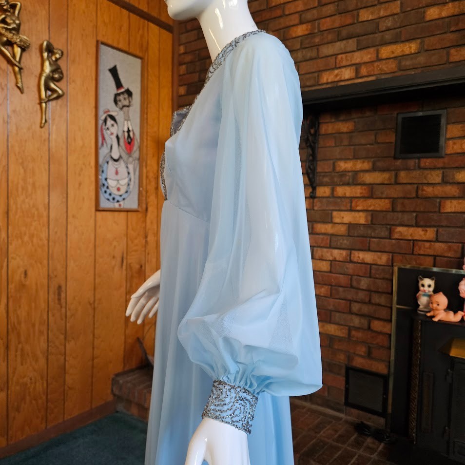 Vtg 70s Dreamy Chiffon Bishop Sleeves Powder Blue Prom Gown Bewitched Dress M