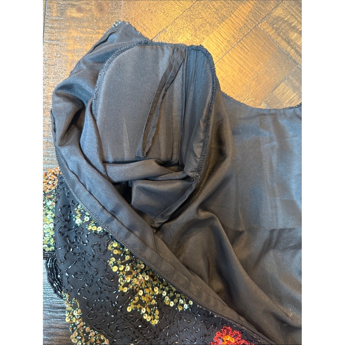 Vintage Silk Beaded Floral Top Black Sequin Scalloped Fitted M