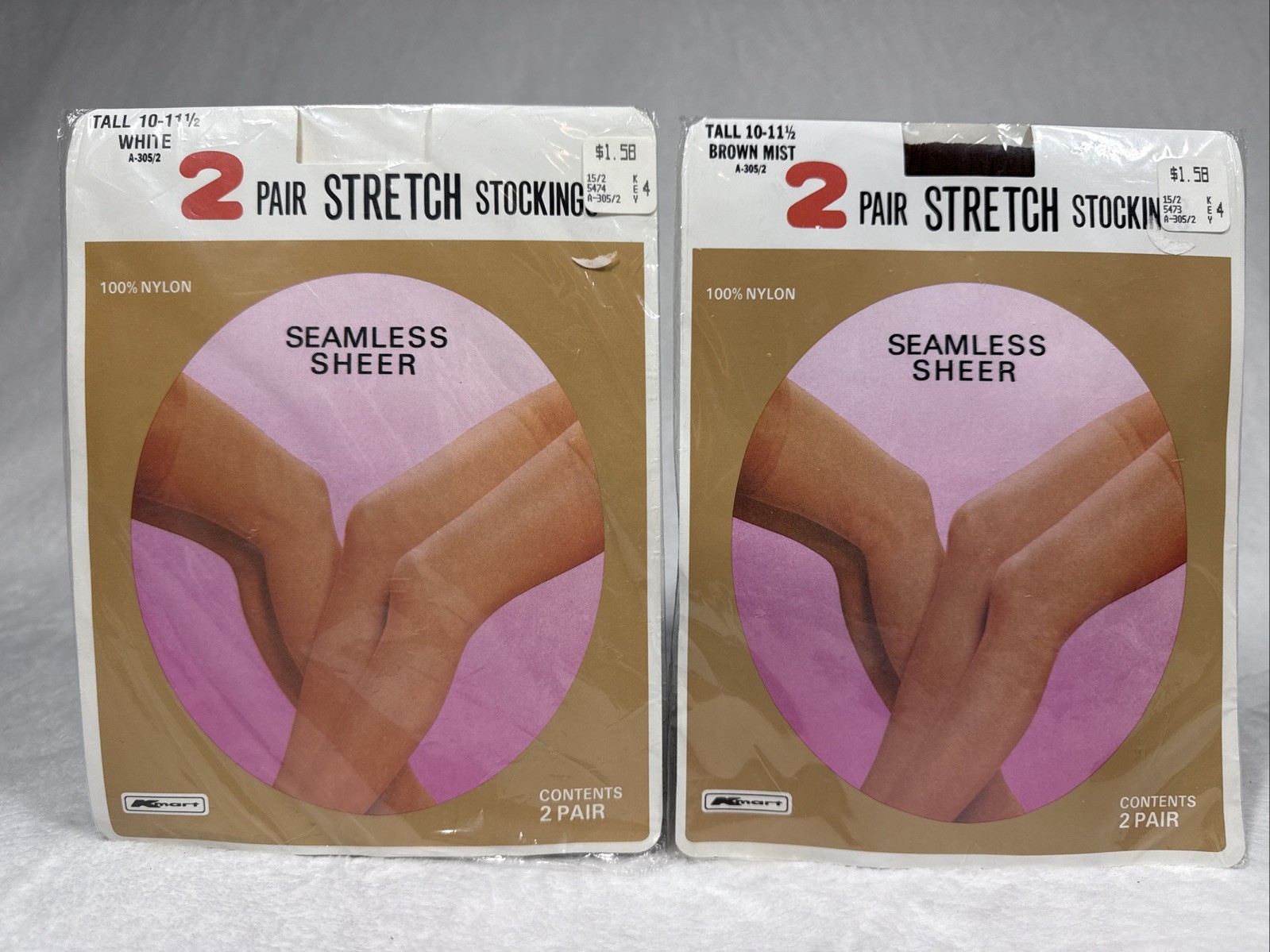 NIP Vintage 3 Pair Nylon Stockings Seamless Sheer Tall 10-11.5 White Brown Mist