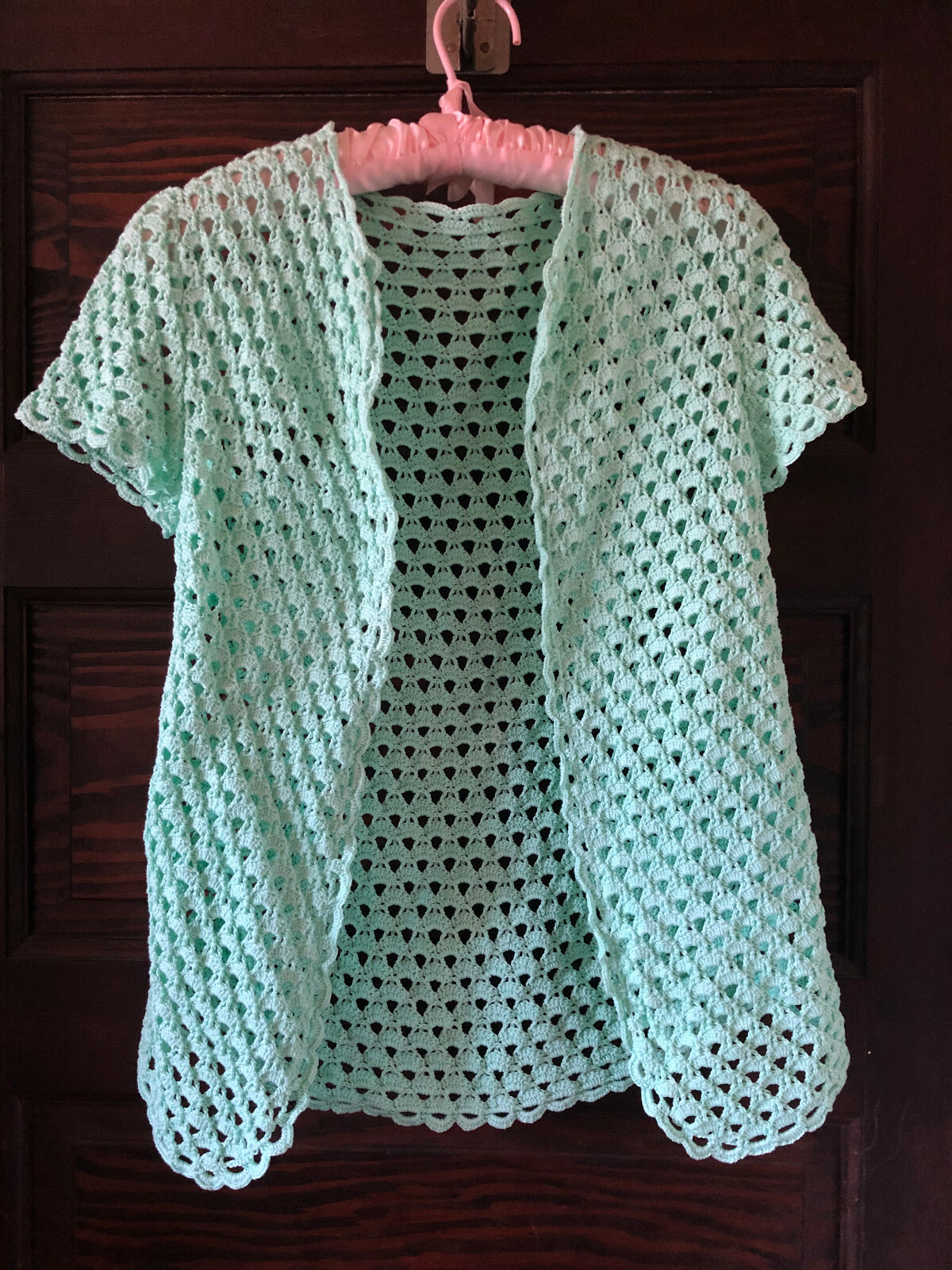 Vintage Women’s Crocheted Jacket Sweater Light Mint Green Cotton Aprox. Size M