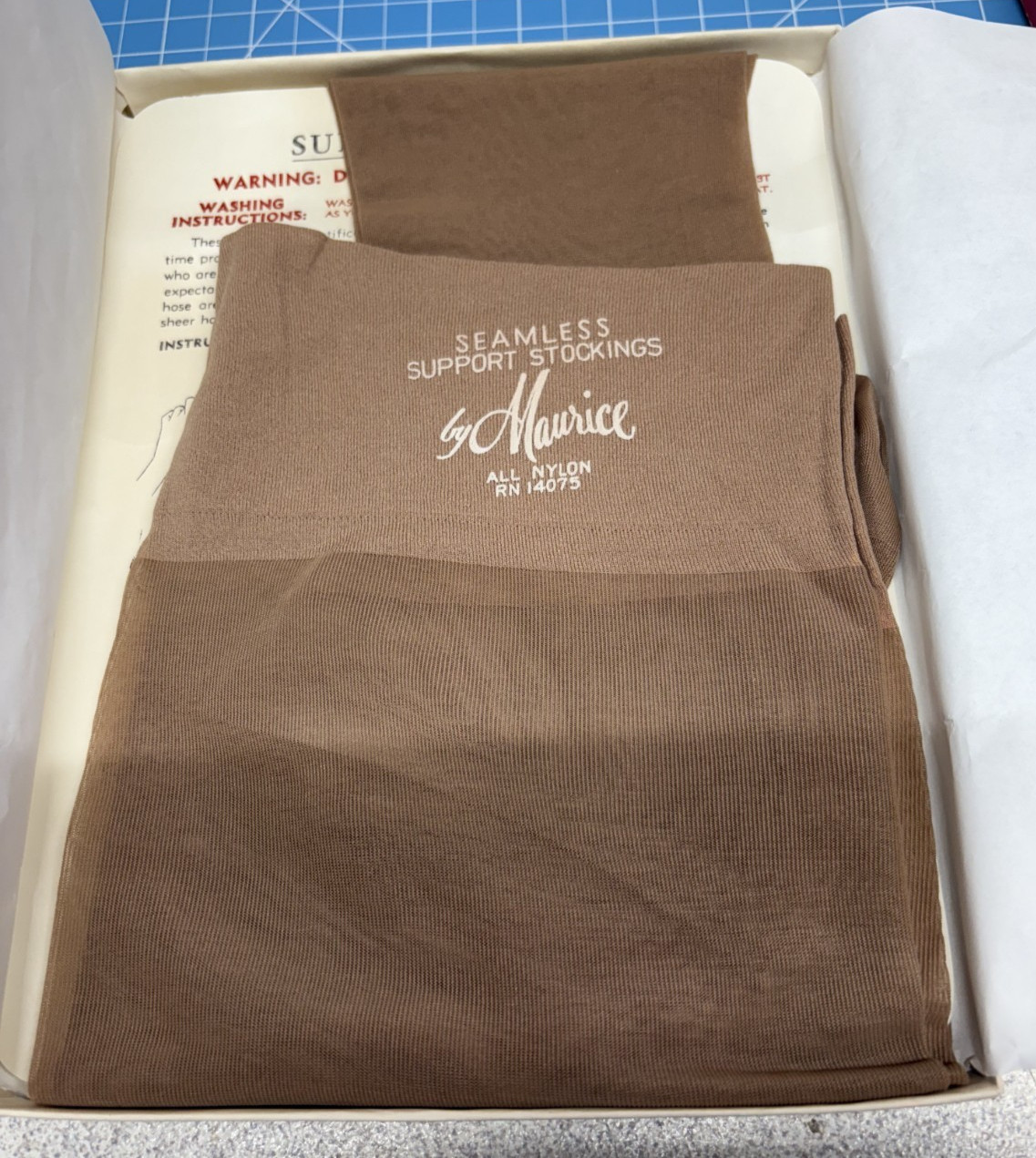 Vintage Maurice Rosetone Seamless Support Hosiery Size 9.5-10 w/ Original Box NO