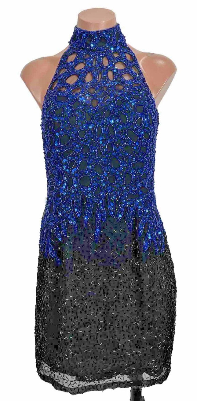 Vintage Nite Line Beaded Sequin Caged Neck Mini Cocktail Dress Formal 6 90s