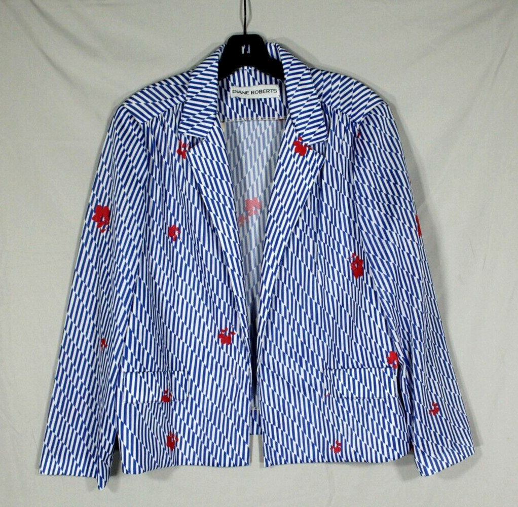 VTG DIANE ROBERTS Open Front POLY-KNIT Blue FLORAL STRIPES Jacket/Topper Sz 20