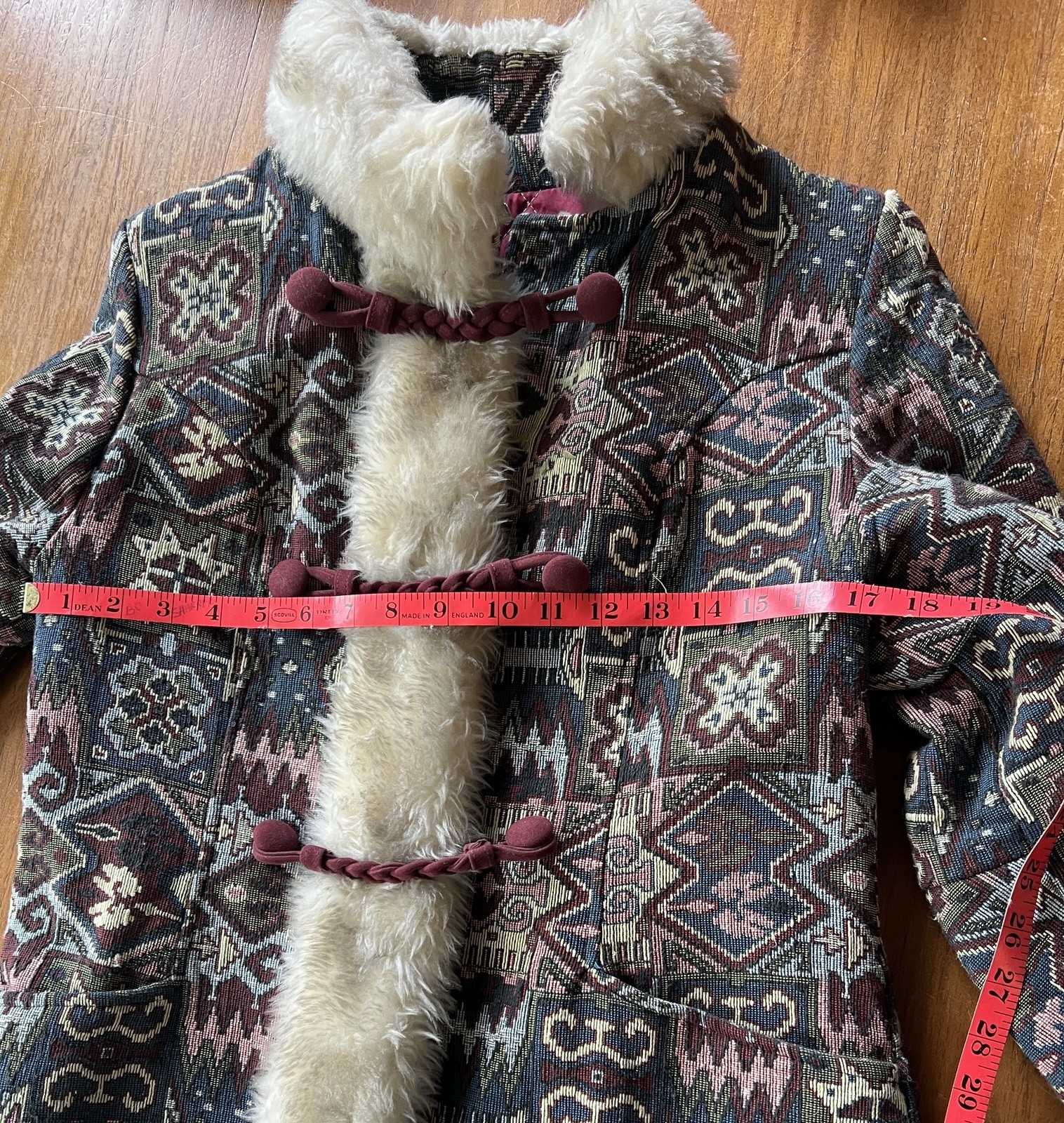 Vtg 60’s Boho Tapestry Carpet Coat Faux Fur