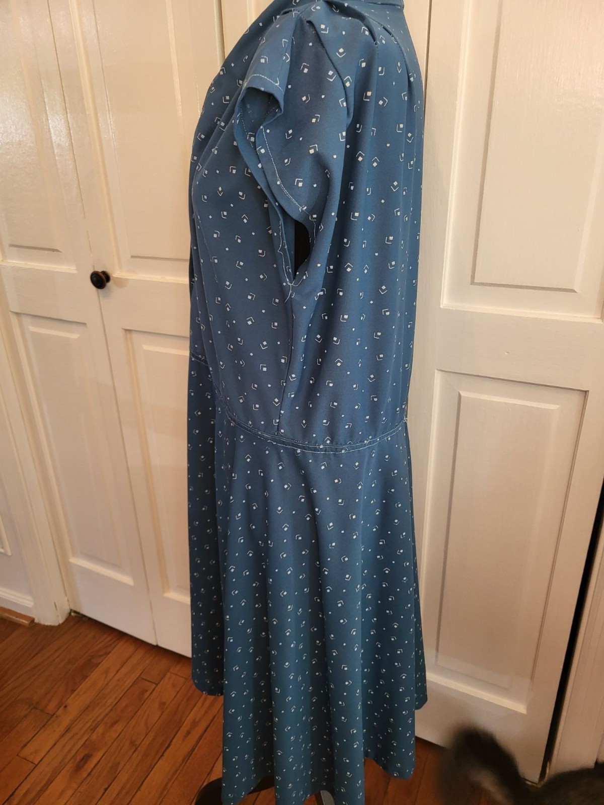 Vintage 70s/80s Teal Geometric Print Shirt Waist Dress 14 Trad Wife Retro Twee