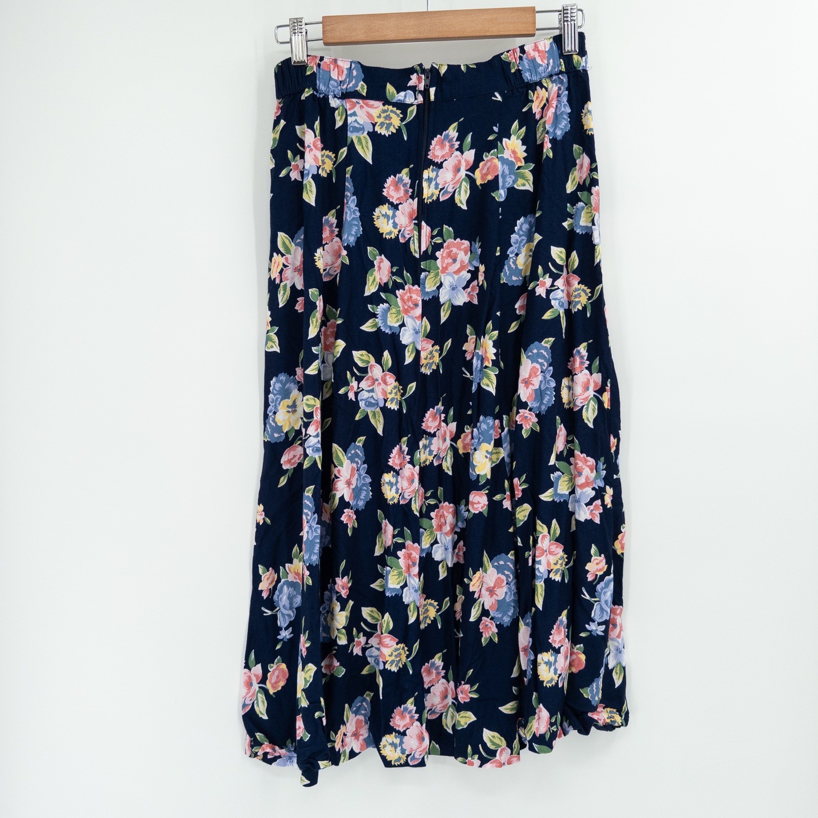 Vintage 90s Floral Midi Skirt Womens Medium Navy Blue Miss Honey Butter Mom