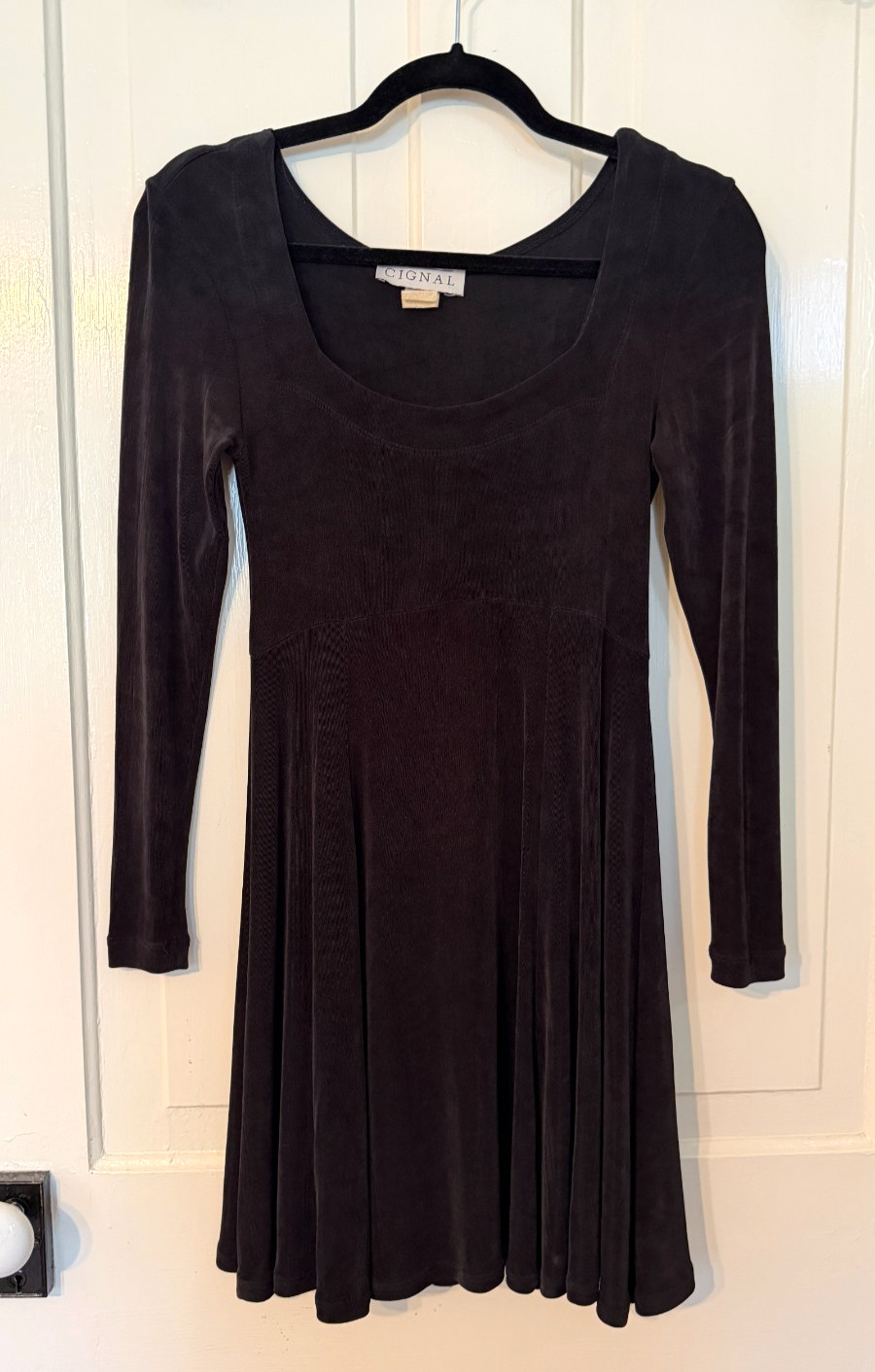 Vtg 90s Cignal Black Velvety Skater Dress Long Sleeve Scoop Neck M Grunge