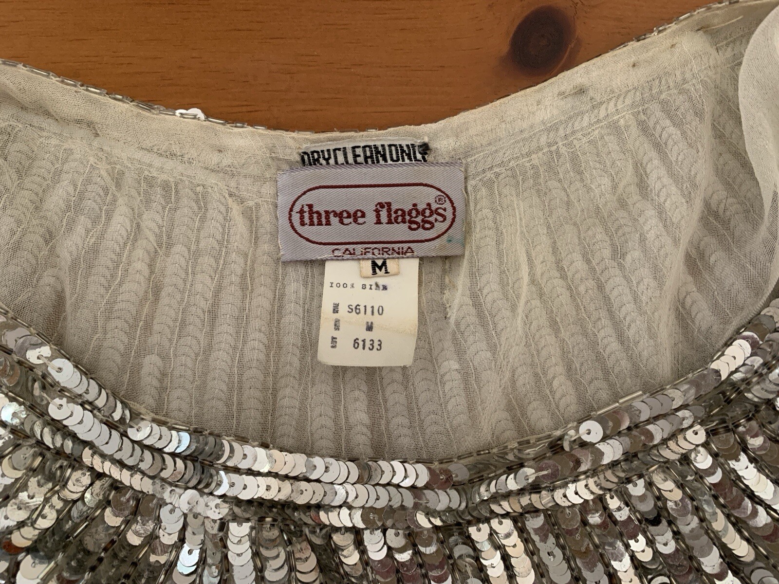 Vintage Three Flaggs 100% Silk Beaded Sequin Top Silver Color Size M