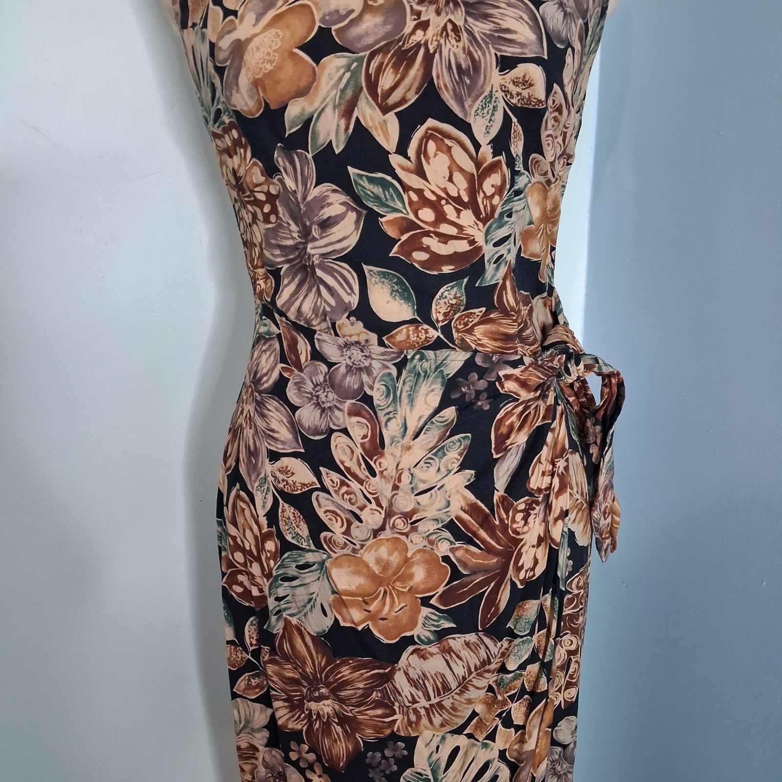 All That Jazz VTG 90s Floral Maxi Dress Halter Neck Tie Waist Brown Black 5/6
